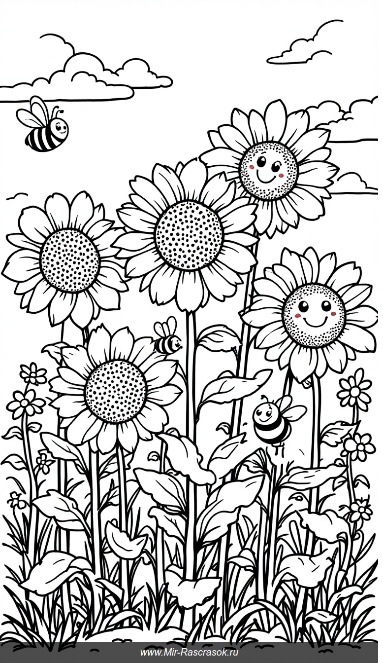 Веселый сад с подсолнухами и пчелками для детской раскраски