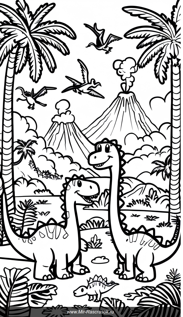 Раскраска динозавры в доисторическом лесу с вулканами и птеранодонами