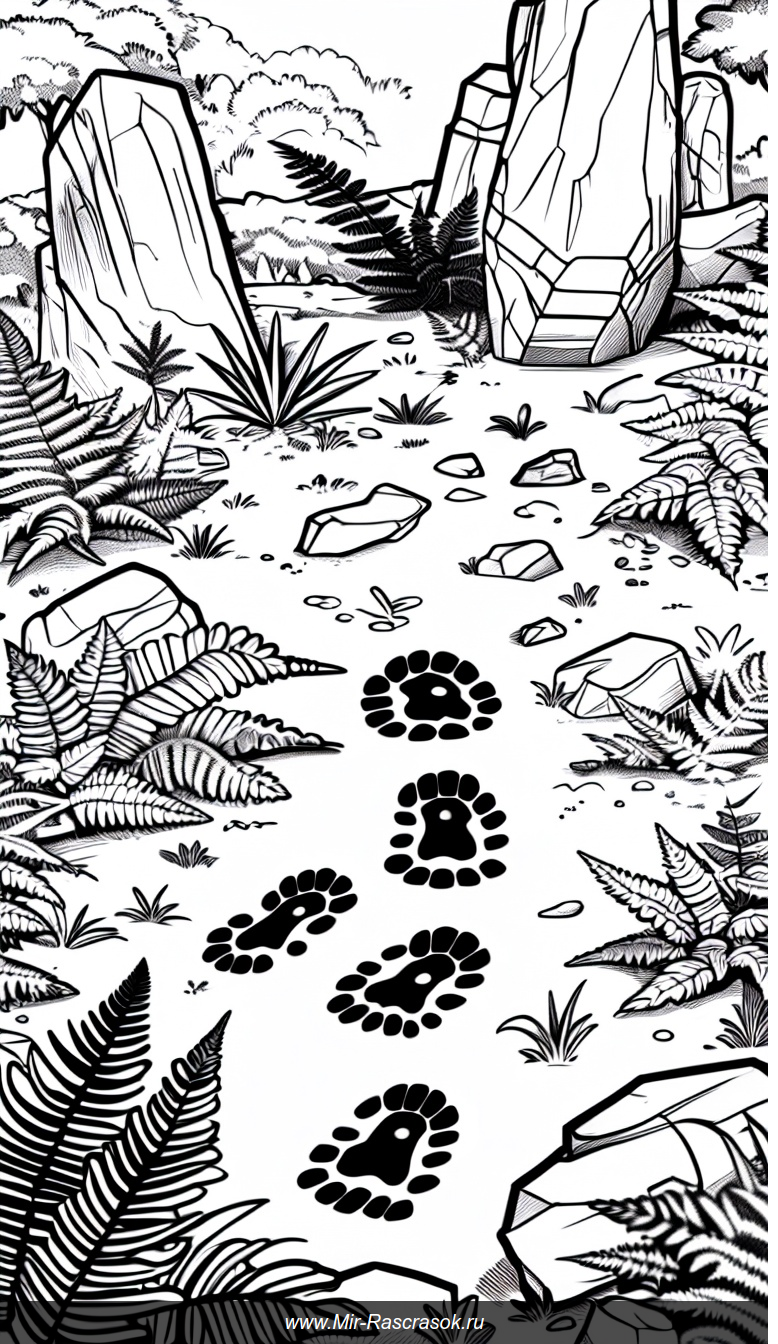 Раскраска с доисторическим пейзажем и следами динозавров для самых маленьких