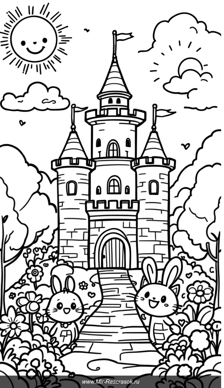 Веселый замок и друзья простая раскраска для детей