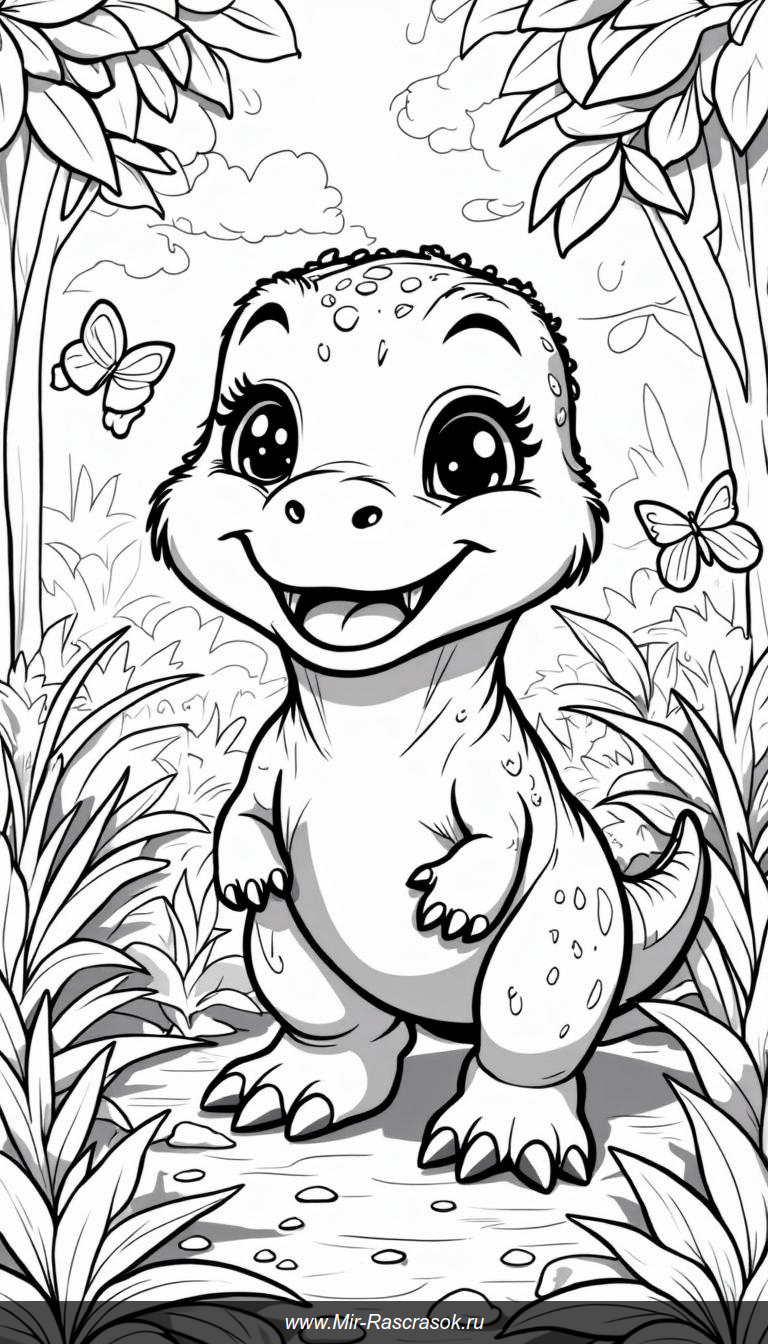 Раскраска с дружелюбным Ти-Рексом в живописных джунглях