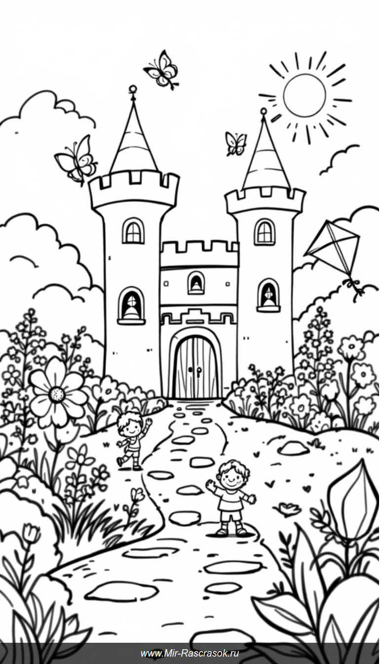 Весёлый замок и радостный сад для раскрашивания детям