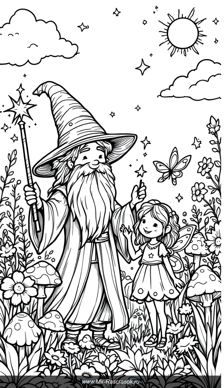 Дружелюбный юный волшебник и фея в волшебном саду для раскрашивания