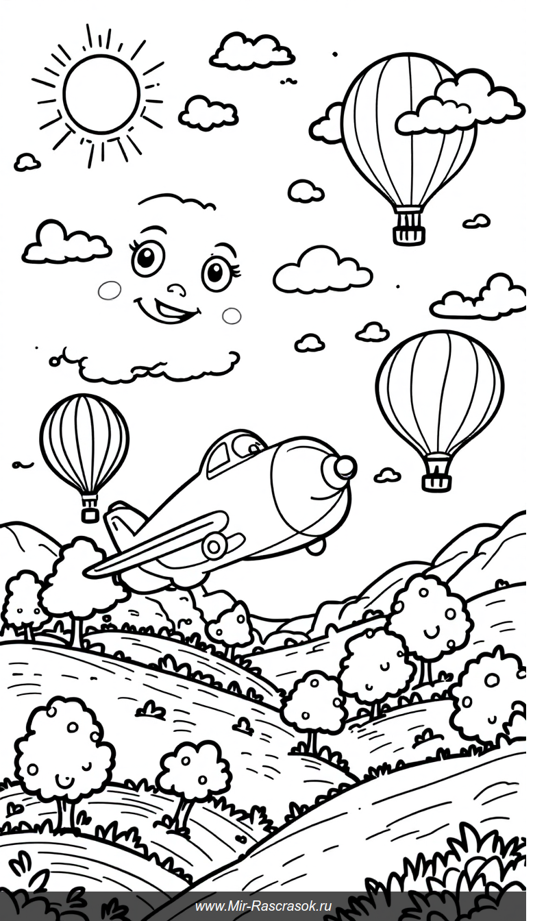 Книга-раскраска с весёлым небом и дружелюбными самолётами и шарами