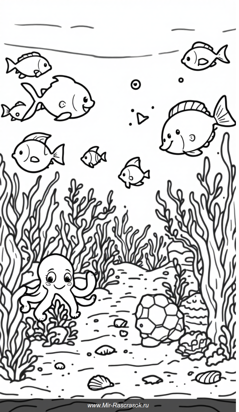 Подводный мир для раскрашивания весёлых рыбок и морских обитателей