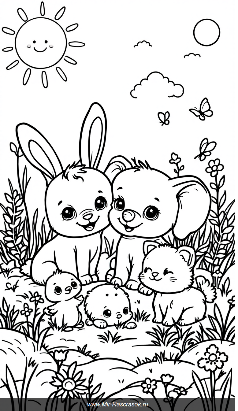 Весёлые зверята на лугу раскраска для детей