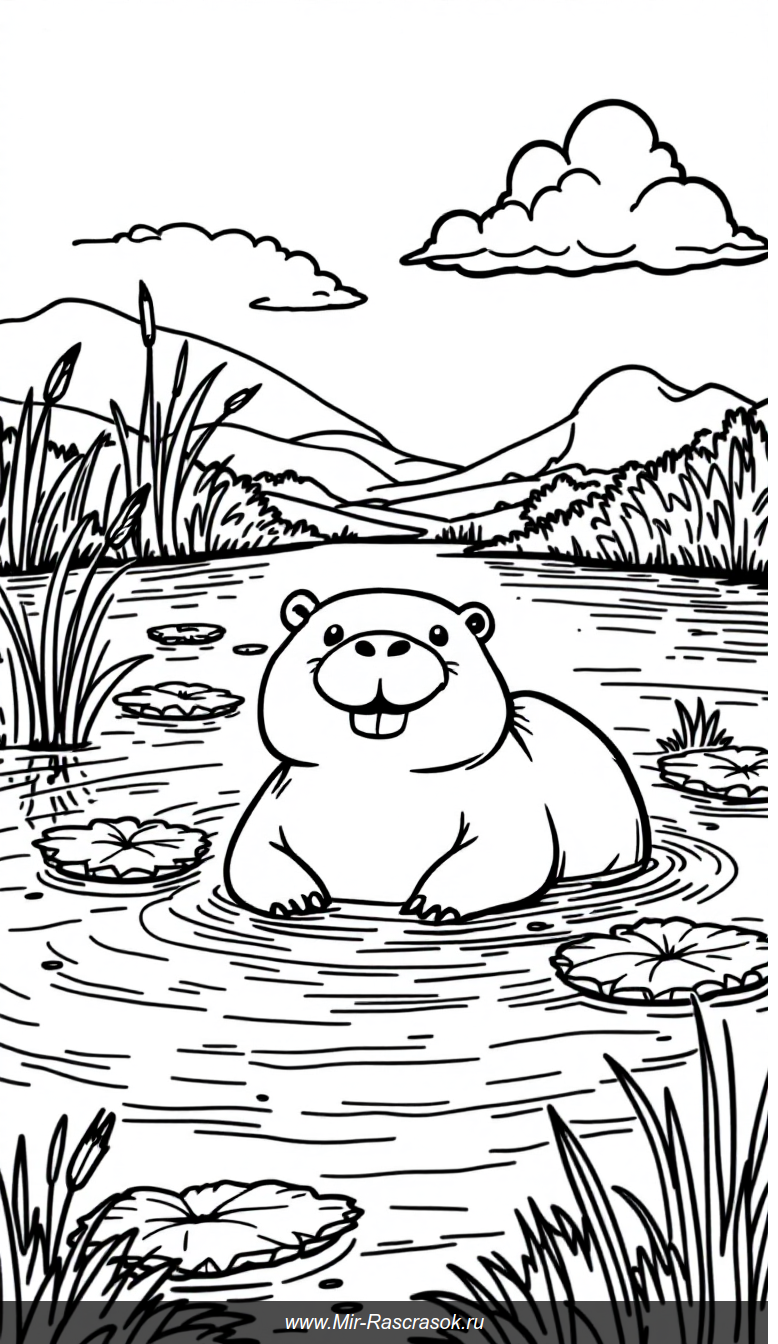 Весёлая капибара в реке раскраска для детей