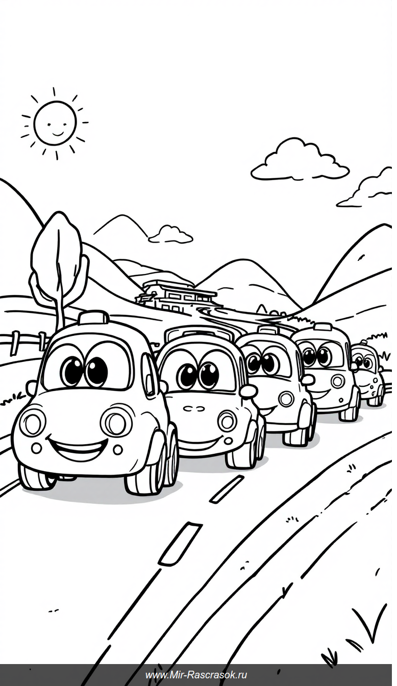 Весёлая раскраска с улыбающимися машинками для детей