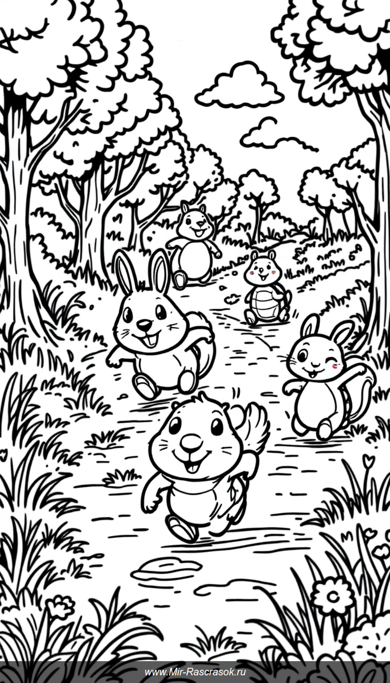 Приглашаем в захватывающий мир детских раскрасок с веселыми гонками капибары и ее лесных друзей 🐾🌳 Простые и дружелюбные рисунки помогут развить фантазию и мелкую моторику у детей 🎨 Отличный способ провести время весело и с пользой для всей семьи 🚀