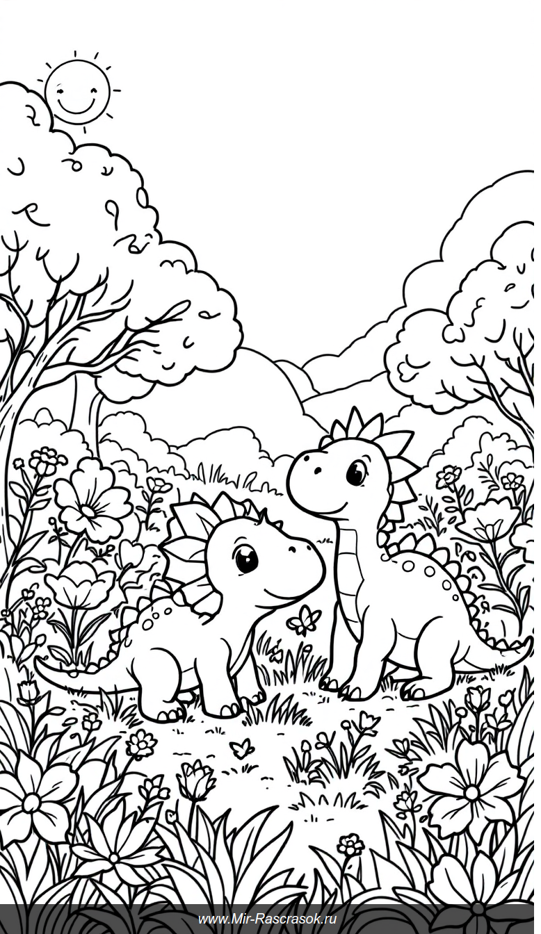 Веселые динозаврики на лугу Раскраска для самых маленьких