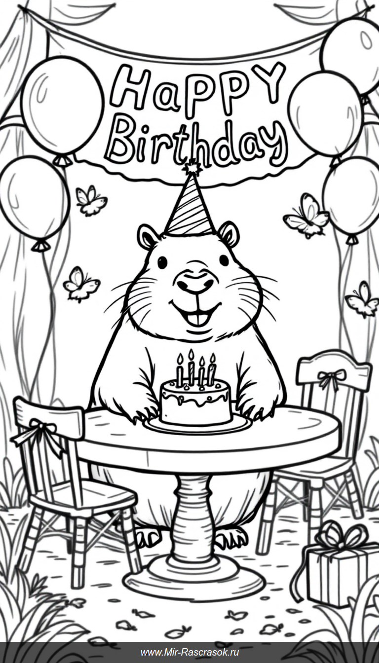 Весёлое день рождения капибары раскраска для детей