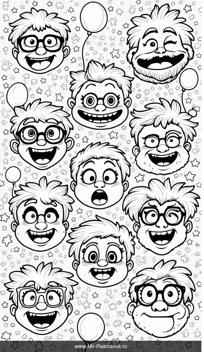 Раскраска для весёлых лиц с забавными чертами и креативом