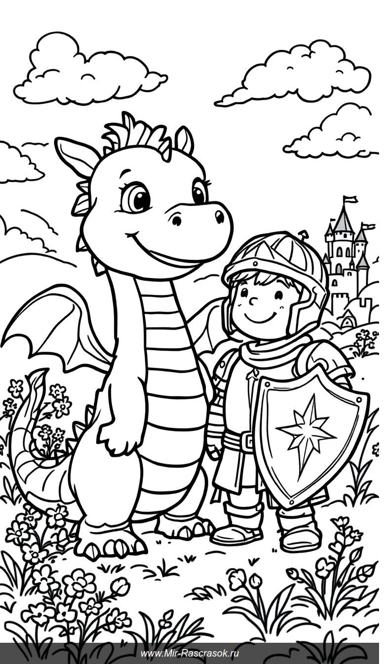 Дружелюбный дракон и отважный рыцарь в волшебной раскраске для детей