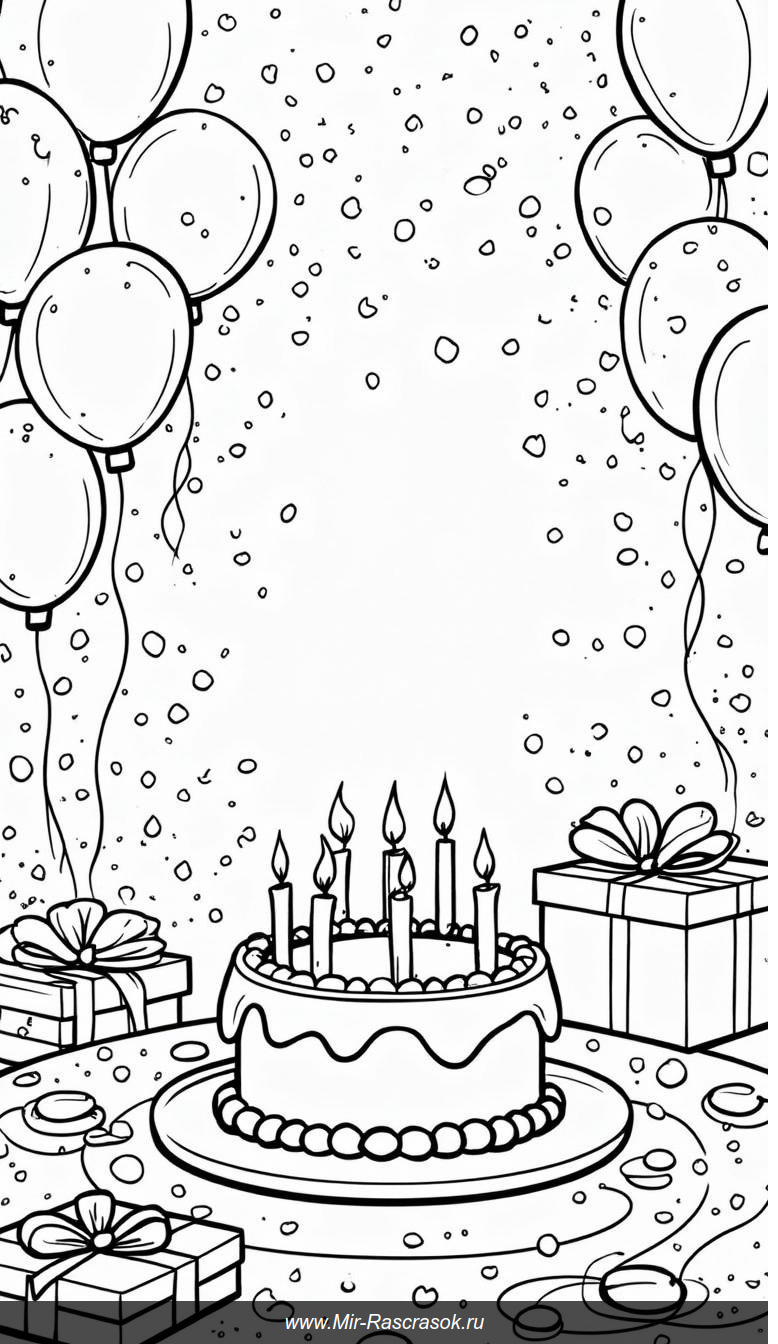 Веселый день рождения в раскраске
