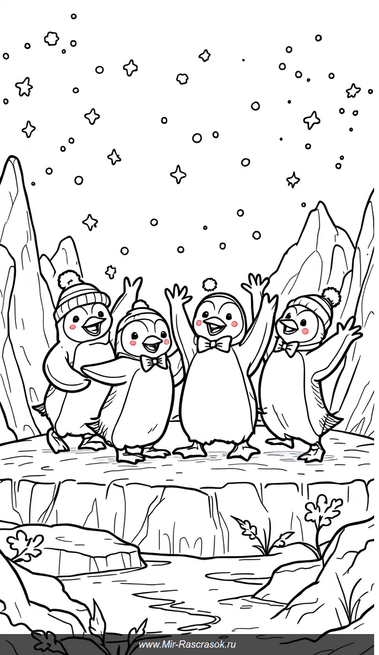 Веселые пингвины танцуют на зимнем празднике для детской раскраски