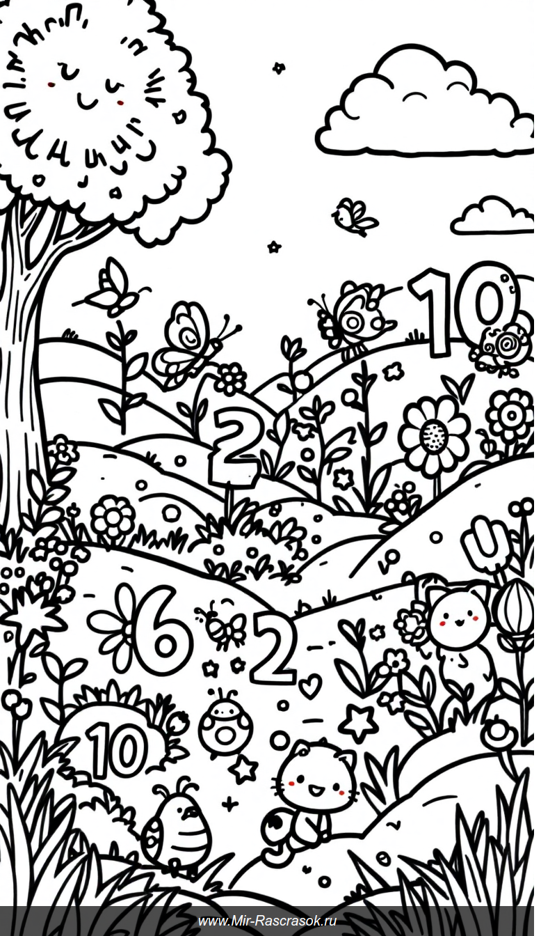 Весёлый сад с числами от 1 до 10 для лёгкого и увлекательного раскрашивания