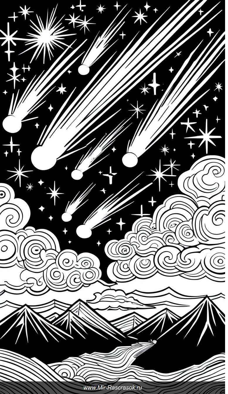 Раскраска ночного неба с кометами метеорами и горным силуэтом