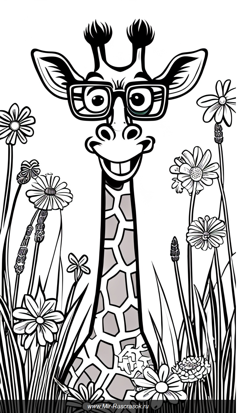Забавная раскраска с жирафом в очках среди цветов