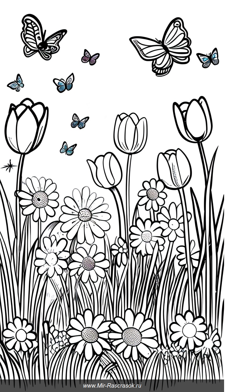Весёлый сад в раскраске с простыми цветами и бабочками