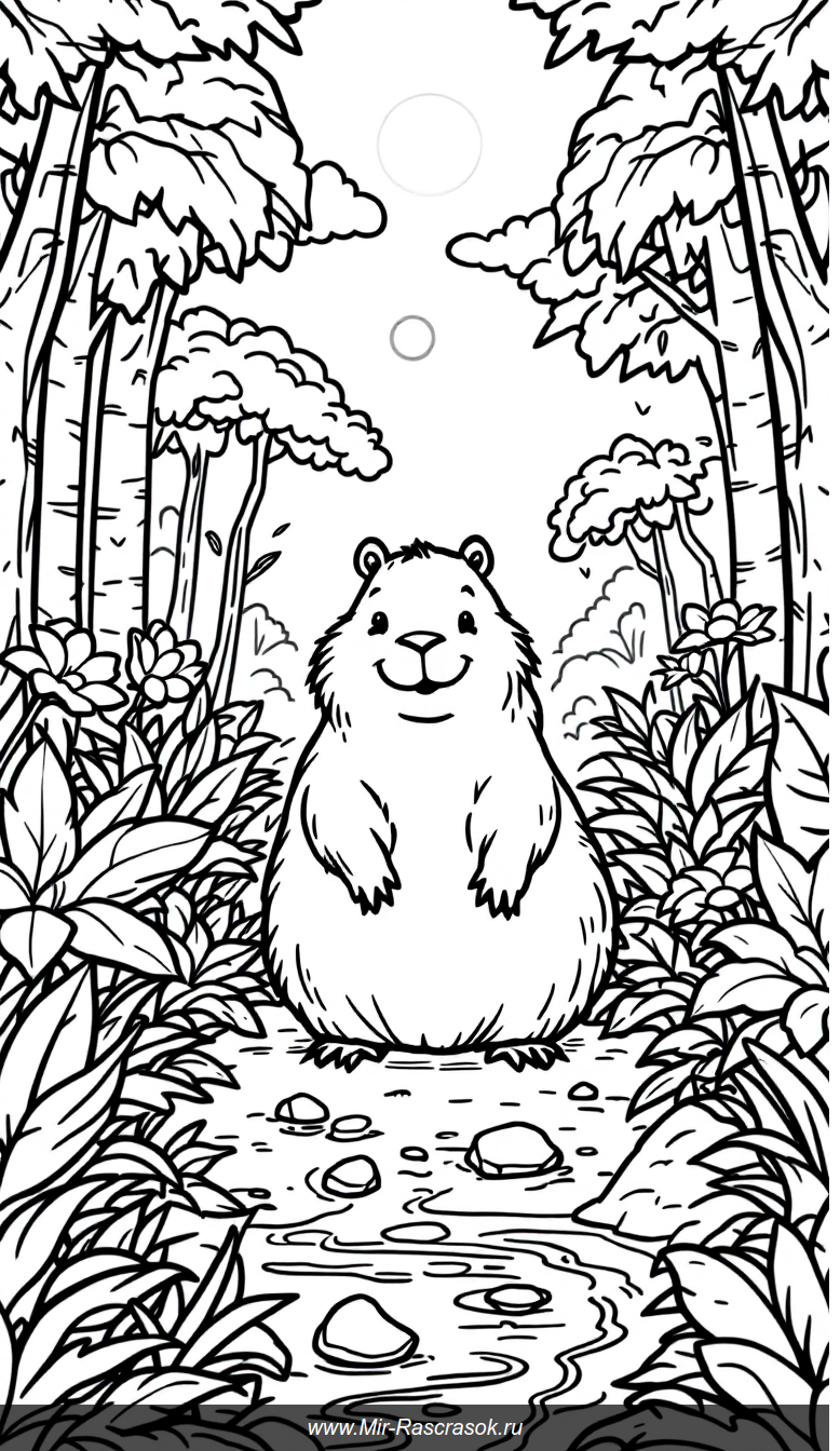 Веселое приключение капибары в джунглях раскраска для детей