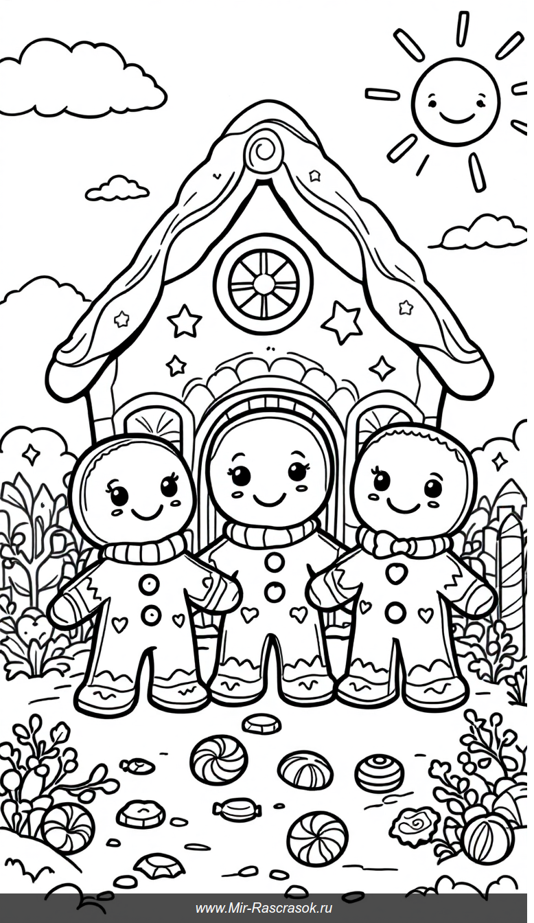 Веселые имбирные друзья у домика из пряников для раскраски детям