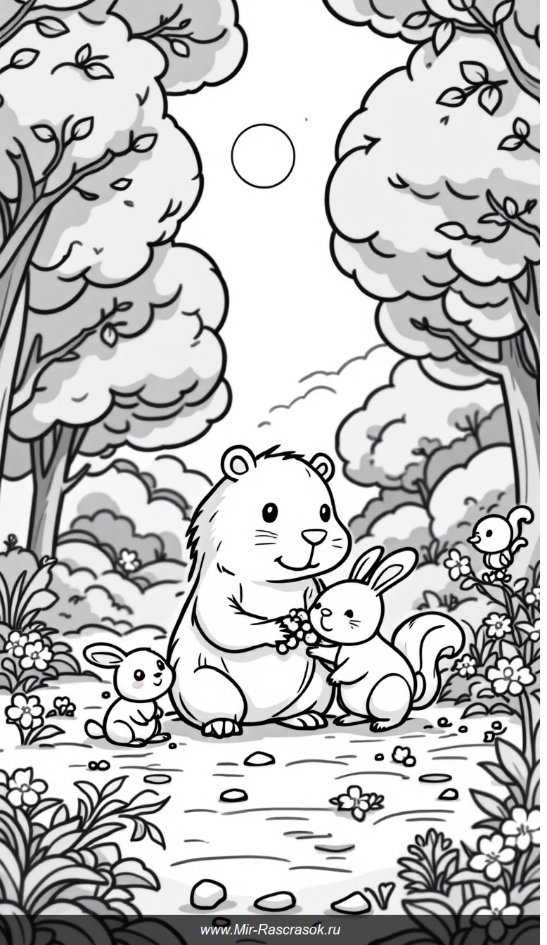 Дружелюбная капибара и её лесные друзья в солнечной поляне для раскрашивания