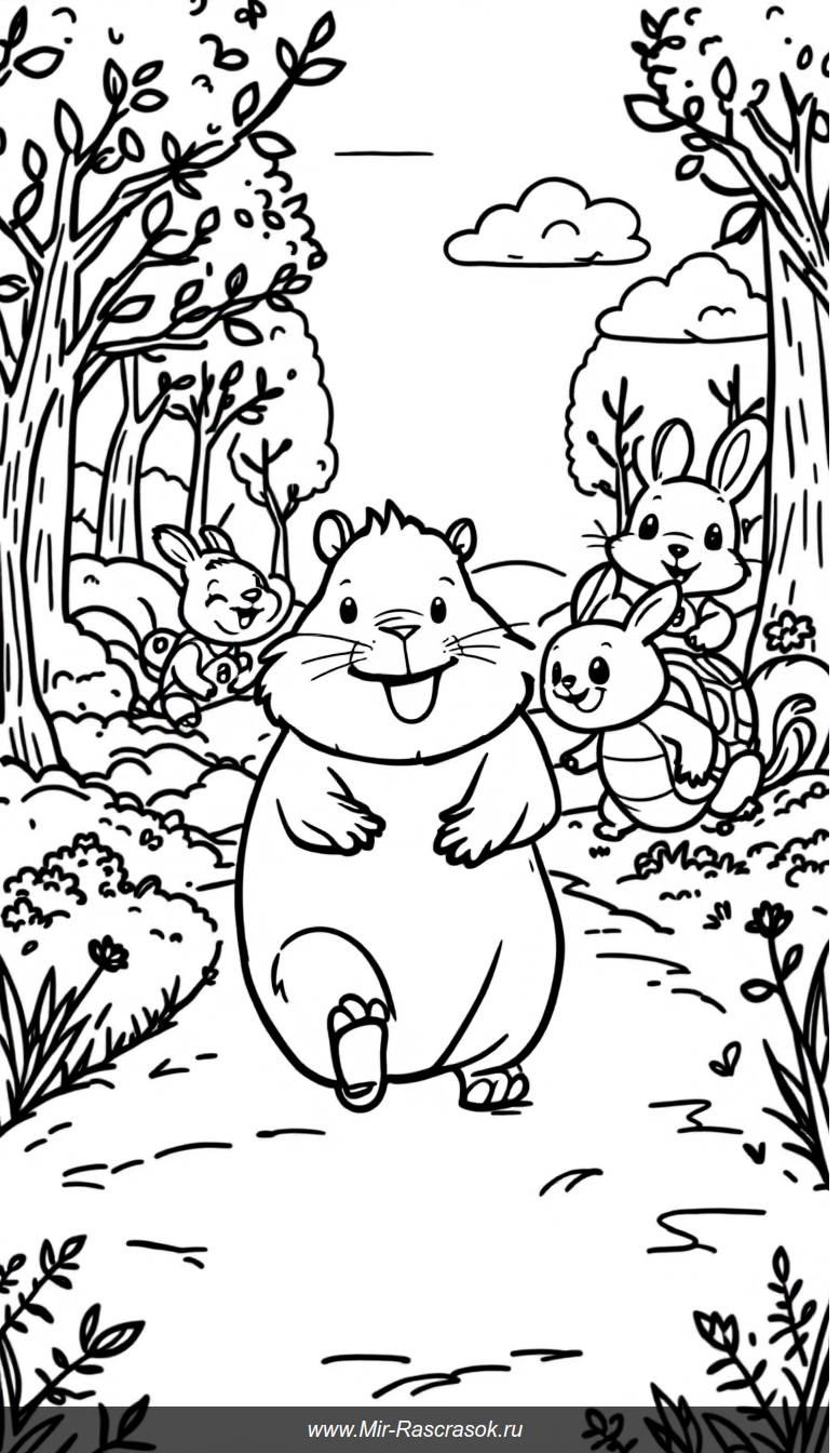 Весёлые животные на гоночной дорожке для раскраски детей