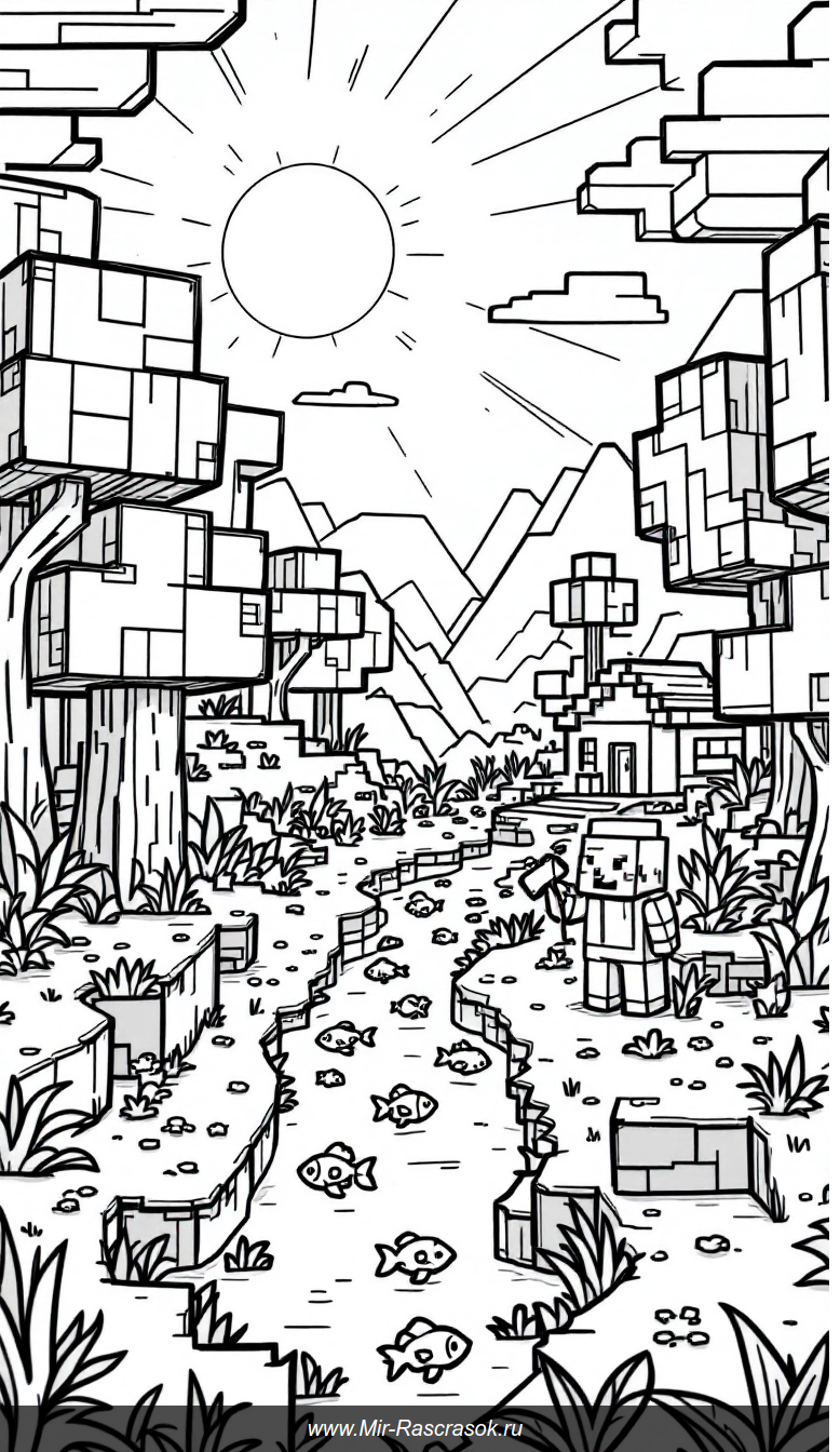 Раскраска с персонажем Minecraft на простом и веселом пейзаже для детей