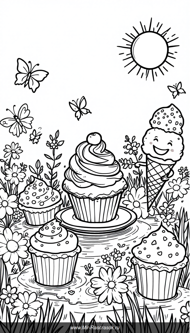 Веселая раскраска с кексами мороженым и улыбающимся солнцем