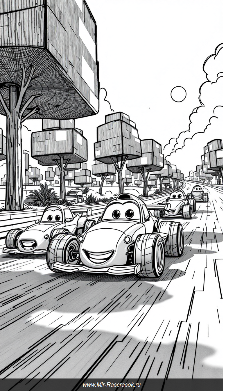 Веселая раскраска с дружелюбными гоночными машинками в стиле Роблокс