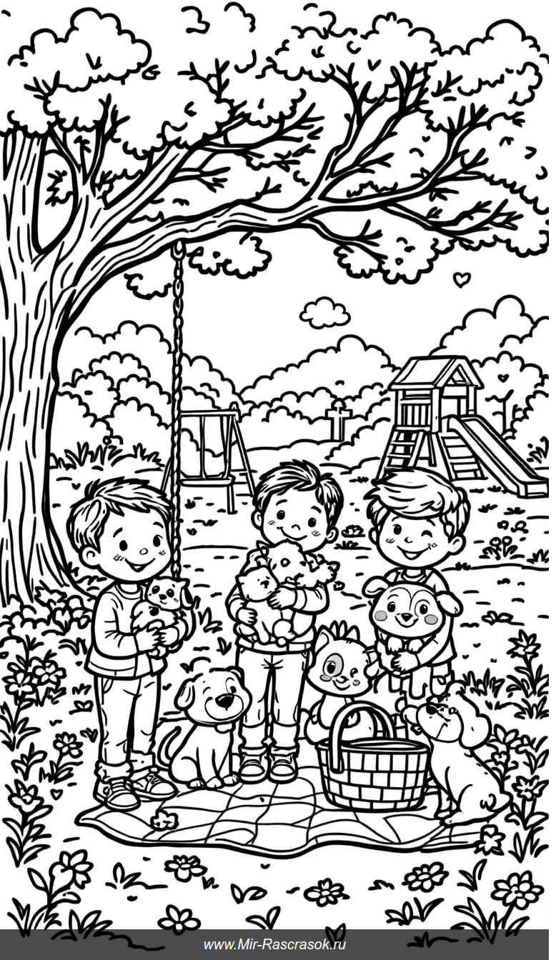Веселая раскраска в парке с детьми и милыми питомцами