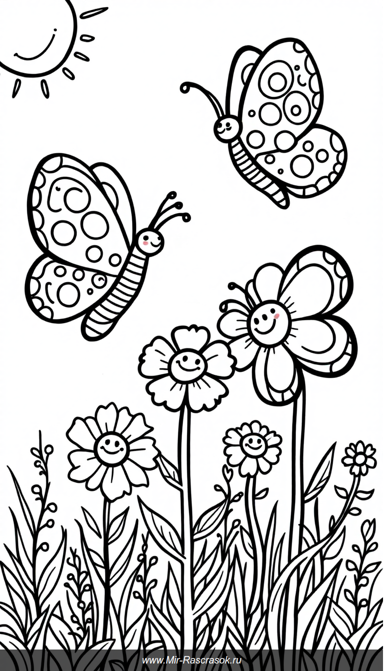Весёлые бабочки и улыбающиеся цветы для детской раскраски