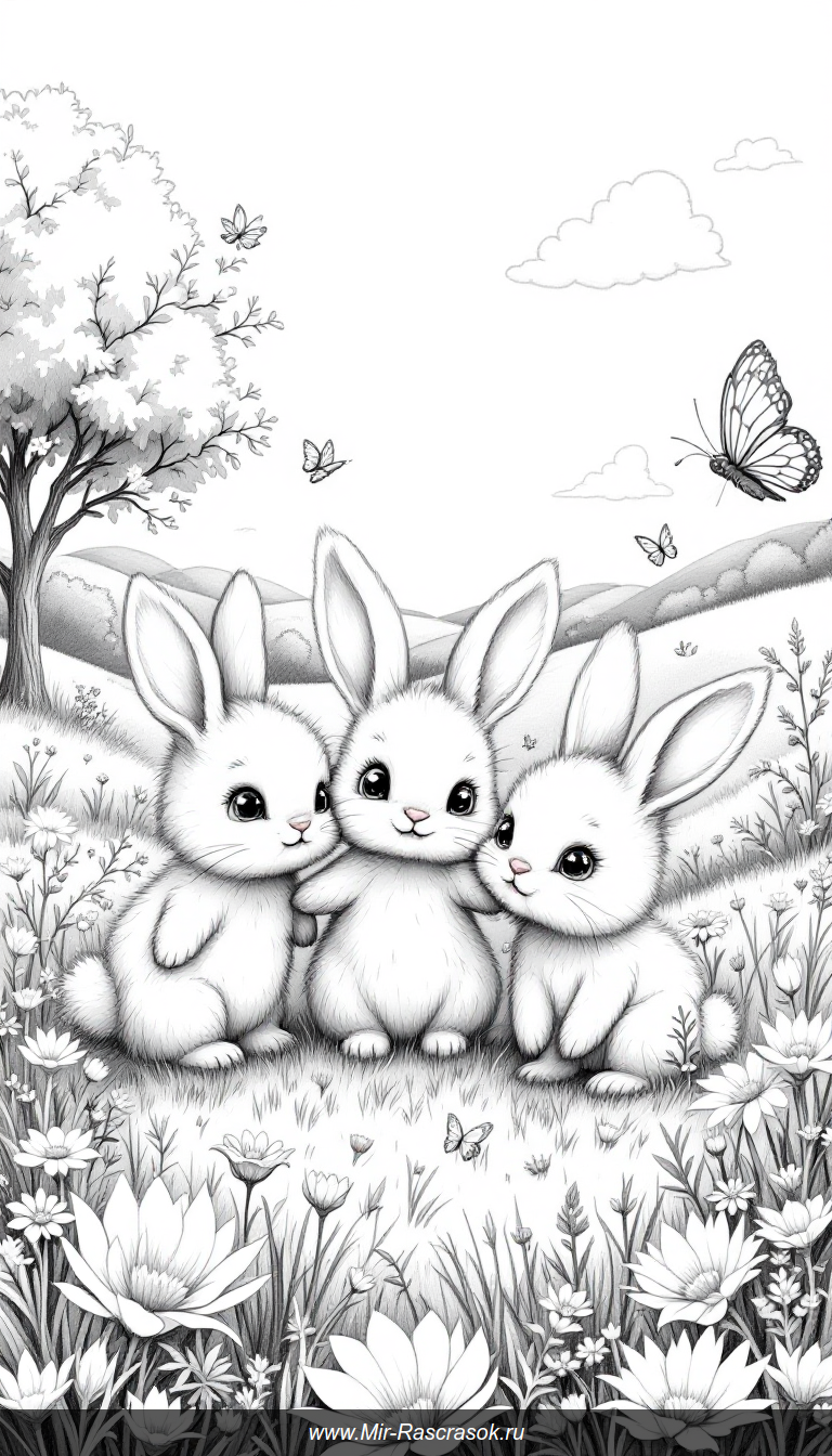 Веселые маленькие зайчики на лугу