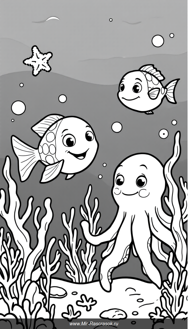 Дружелюбный подводный мир Раскраска для малышей с радостными морскими жителями