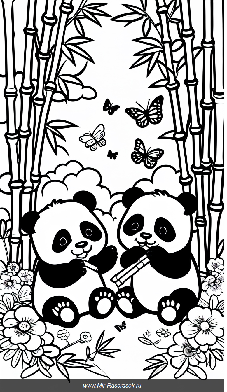 Раскраска с милыми пандами под бамбуком и порхающими бабочками