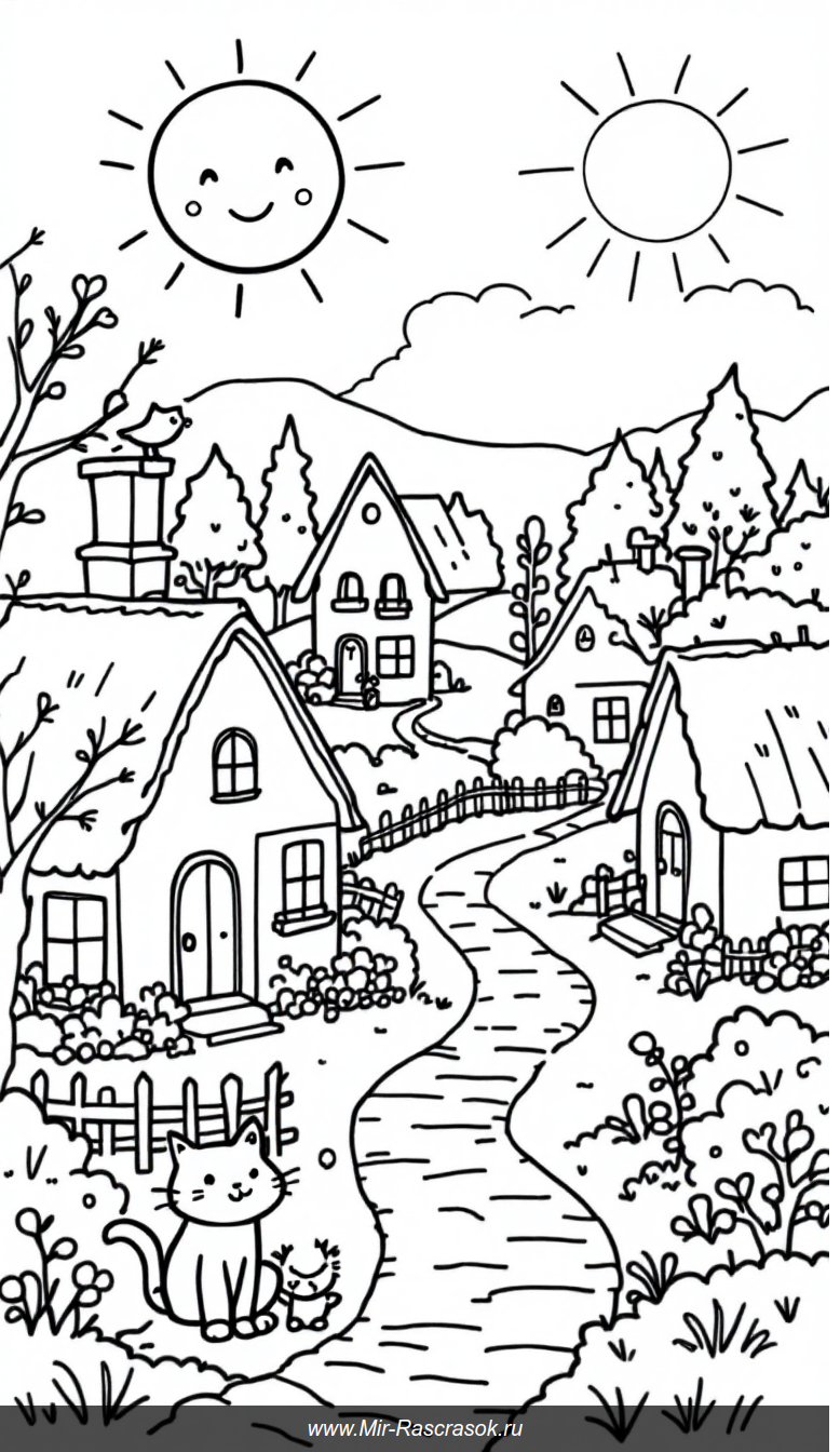 Уютная деревня для раскрашивания с добрым солнцем и весёлыми жителями