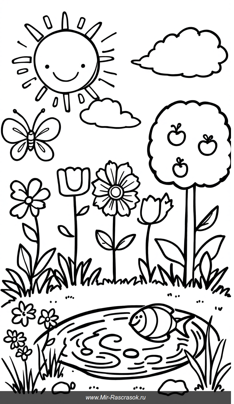 Весёлый сад для раскрашивания с простыми фигурами для детей