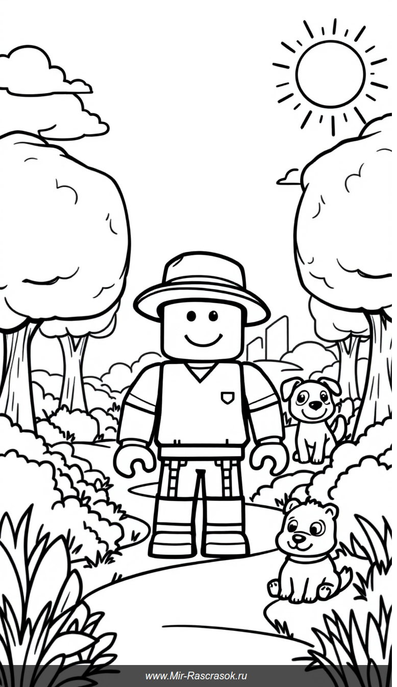 Весёлый персонаж Roblox и чёрно-белый парк для детской раскраски