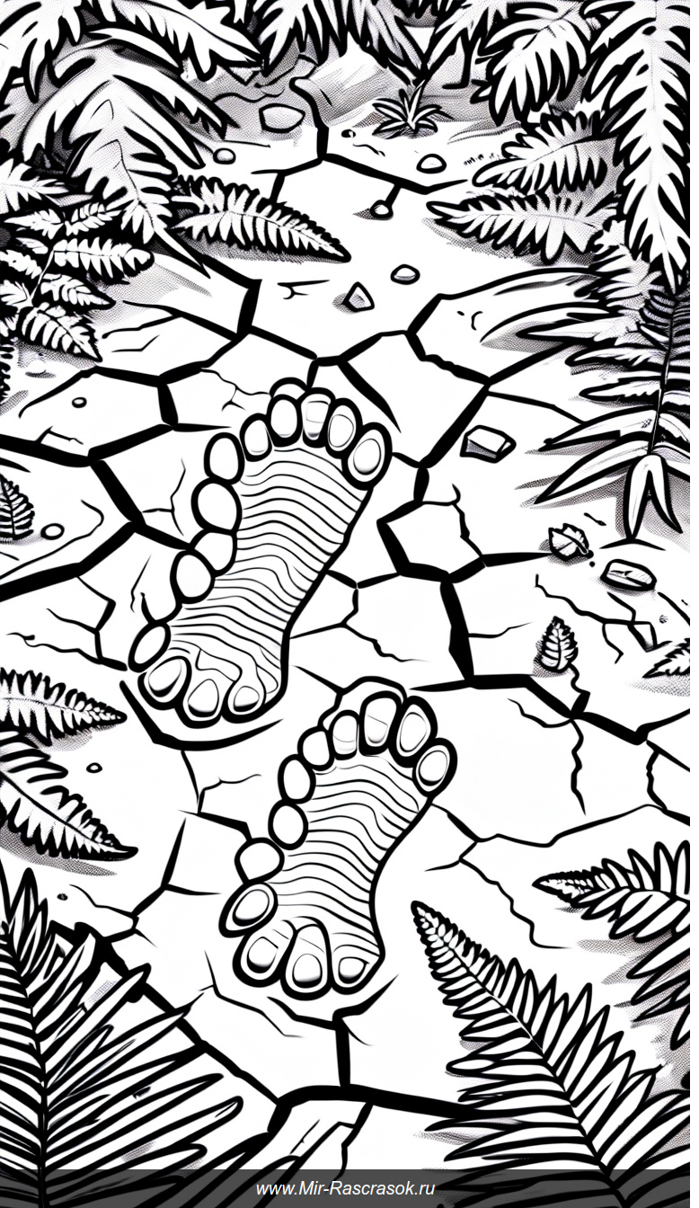 Раскраска с гигантскими следами динозавров на треснувшей земле и древними растениями