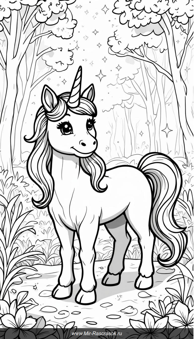 Раскраска волшебного единорога в зачарованном лесу