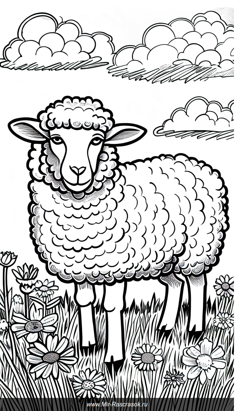 Весёлая раскраска с милым пушистым овечкой в лугу