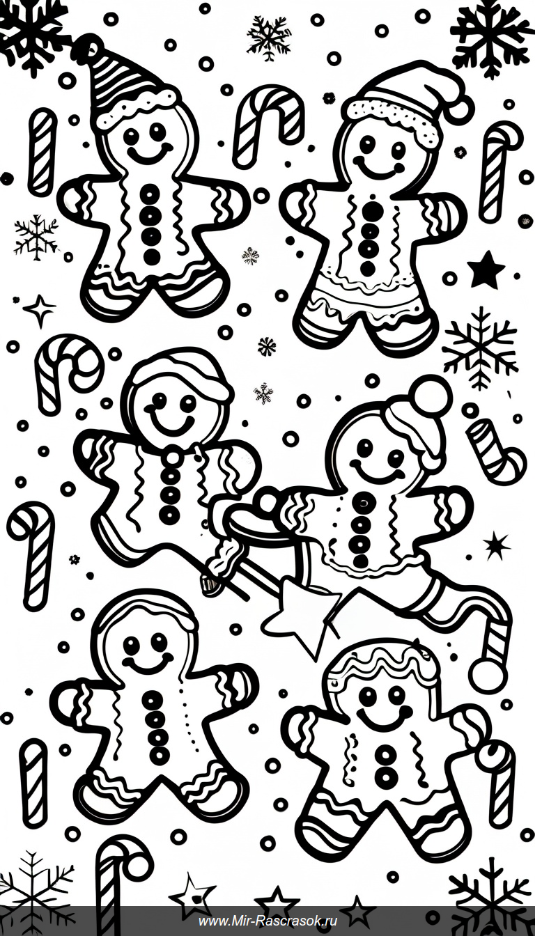 Раскраска с веселыми пряничными друзьями и праздничными узорами