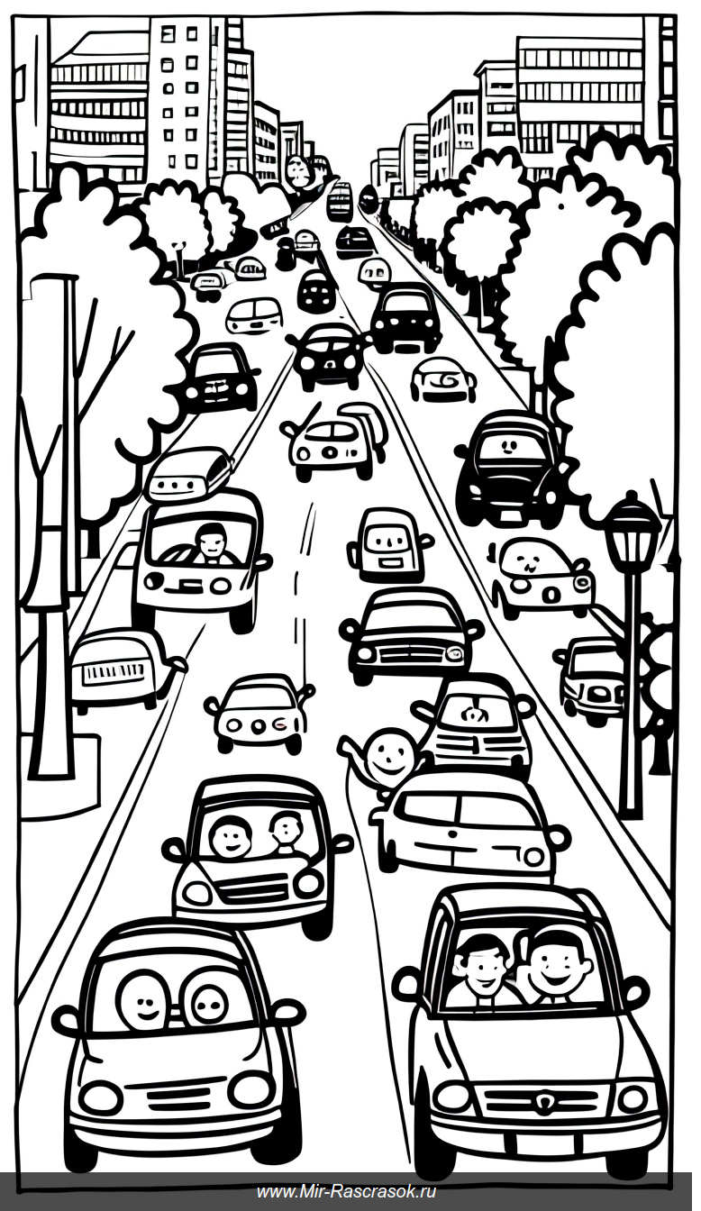 Раскраска с оживленной улицей и веселыми машинами для яркого творчества