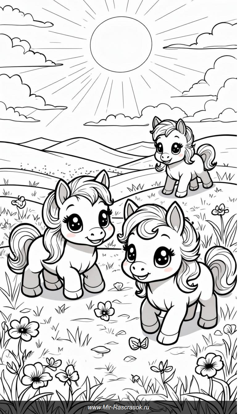 Забавные пони в солнечном meadow для раскрашивания