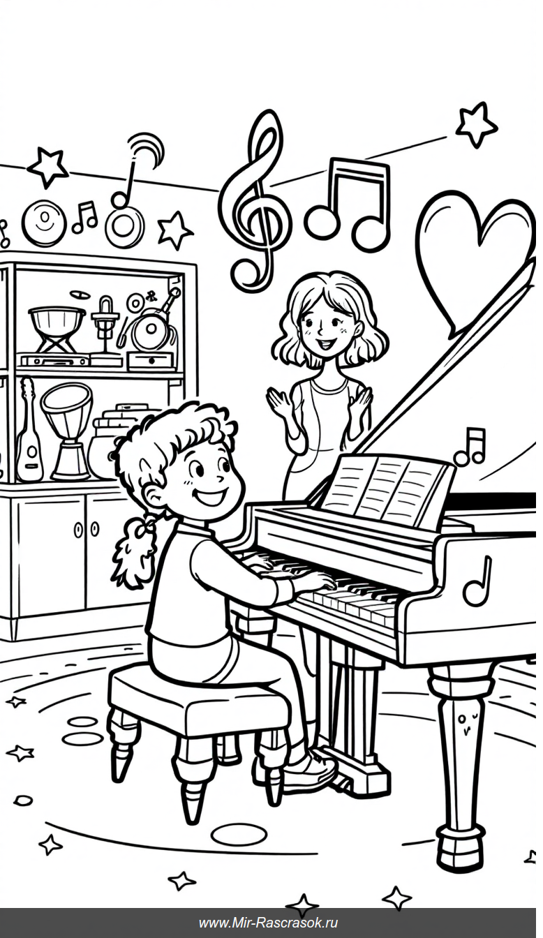 Радостная музыкальная сцена для раскраски детей в классе творчества