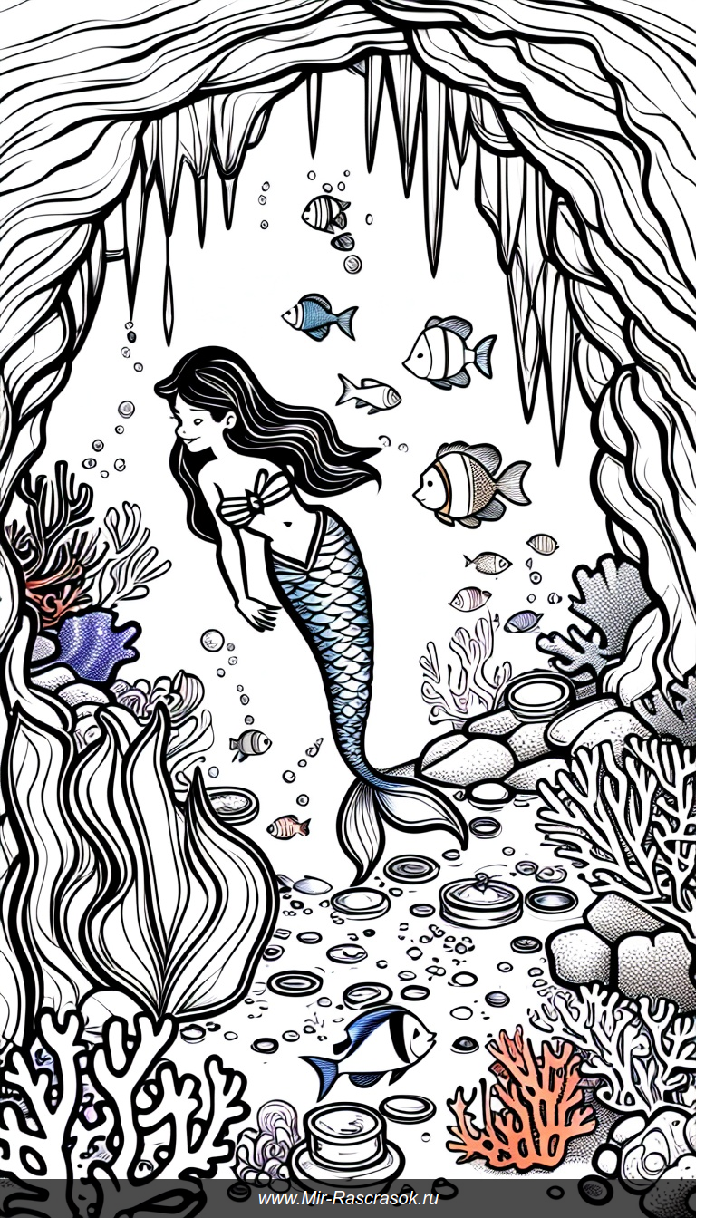 Раскраска с русалкой в подводной пещере сокровищ и морских чудес