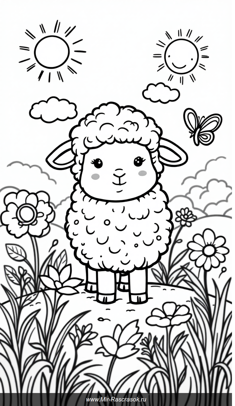 Весёлый овечка в поле Простая раскраска для малышей