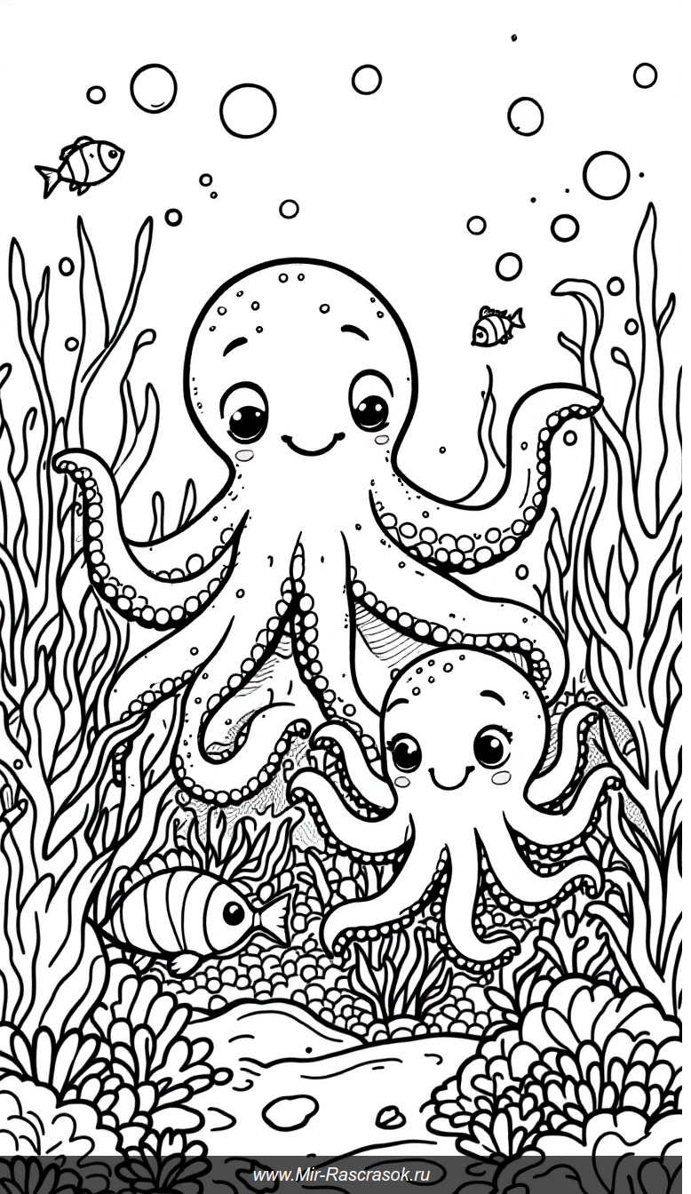 Веселое подводное приключение с дружелюбными осьминогами раскраска для детей