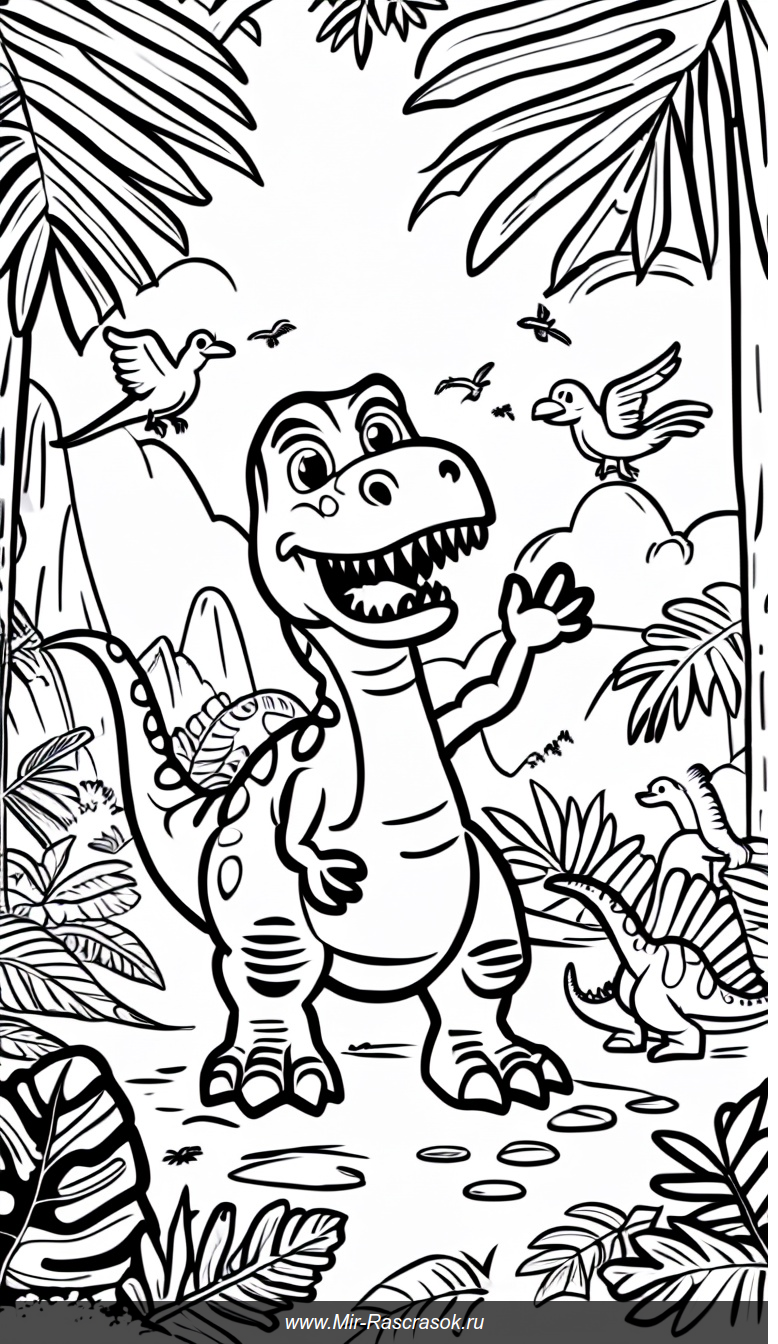 Дружелюбный Тираннозавр в доисторическом лесу раскраска для детей