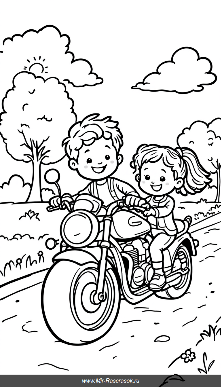 Дружная прогулка детей на мотоцикле и самокате в парке для раскрашивания